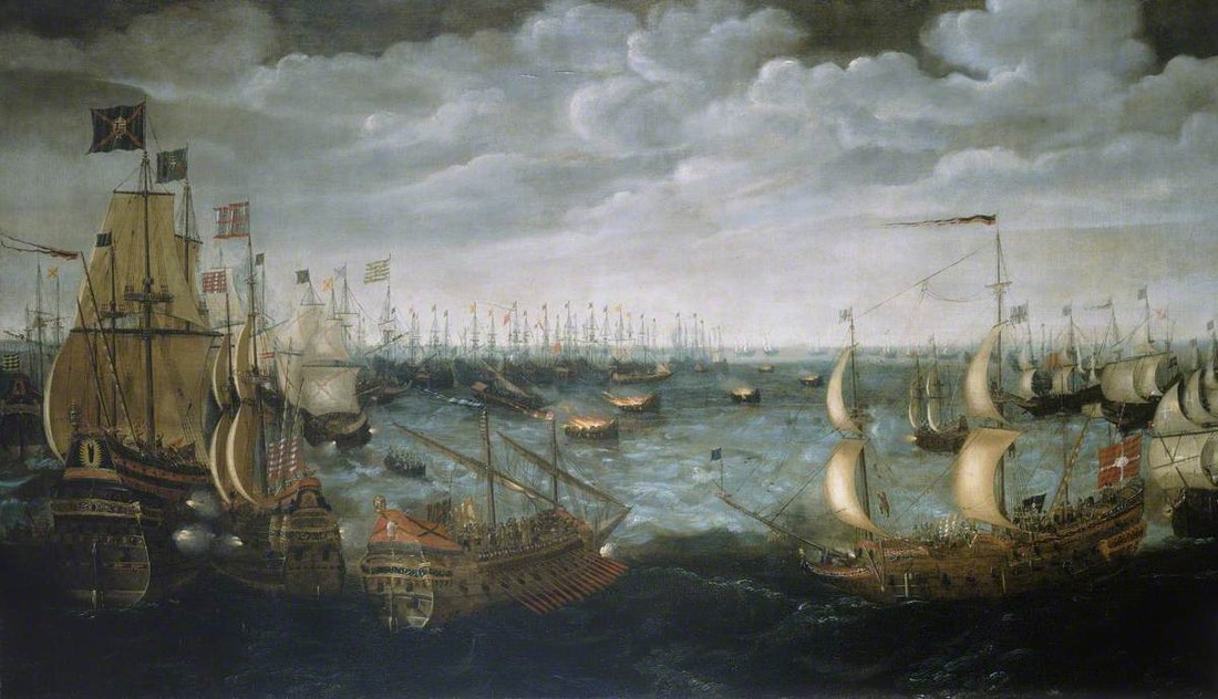 Lanzamiento de brulotes contra la Armada española, pintura anónima, en Royal Museums Greenwich